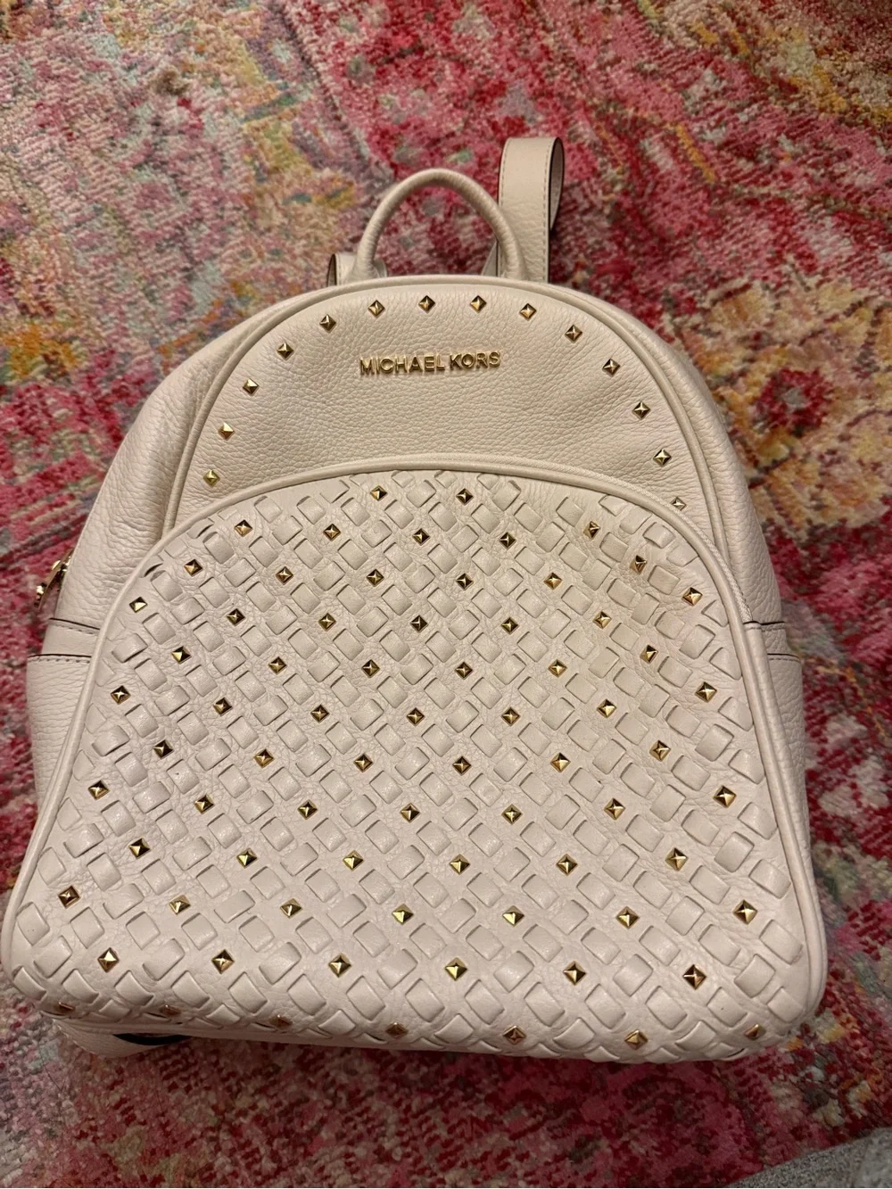 Michael Kors Ivory Woven Leather Backpack with Gold Studs